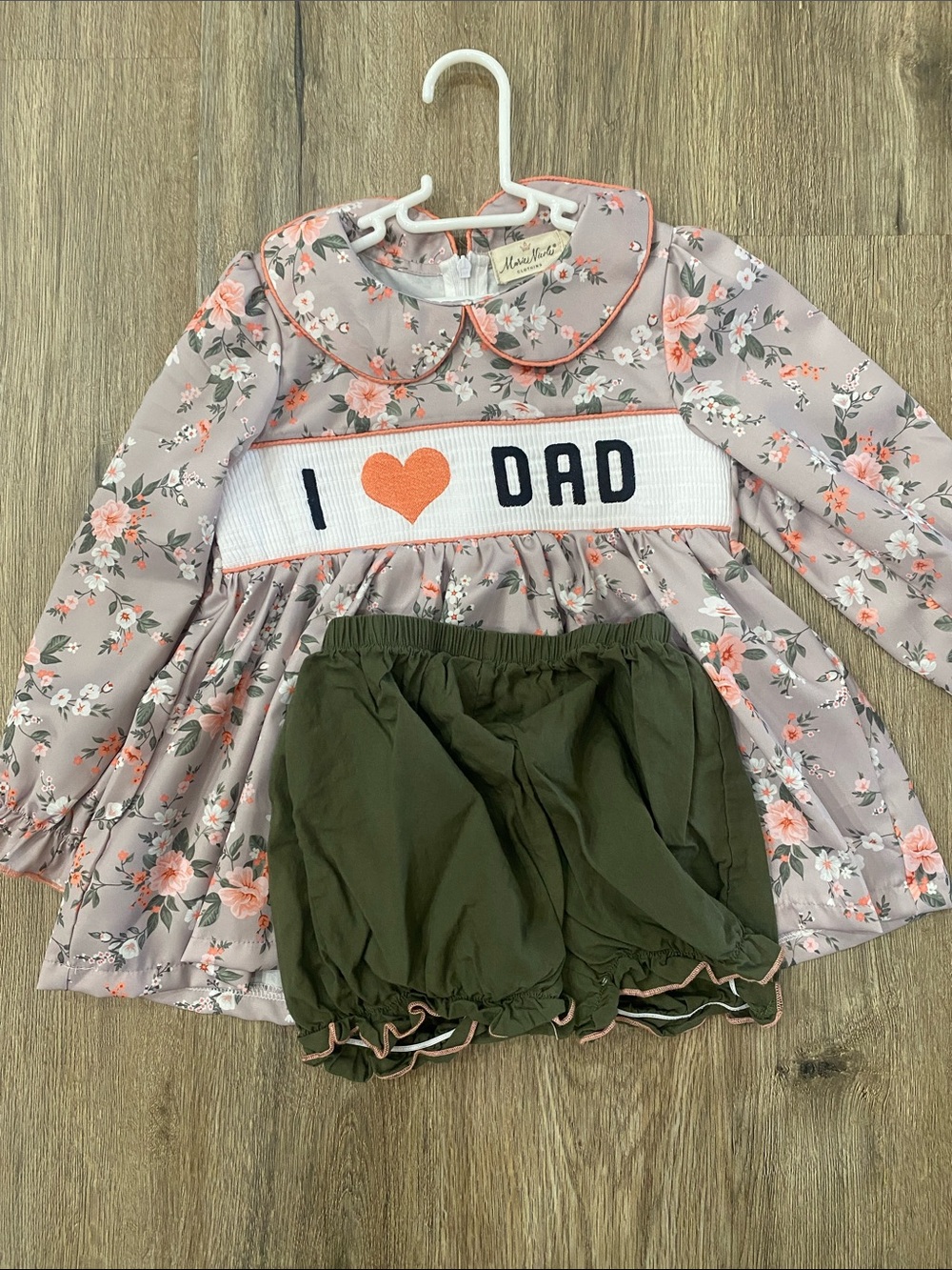 Marie Chantal Pink Floral "I ♥ Dad" Dress with Olive Bloomers